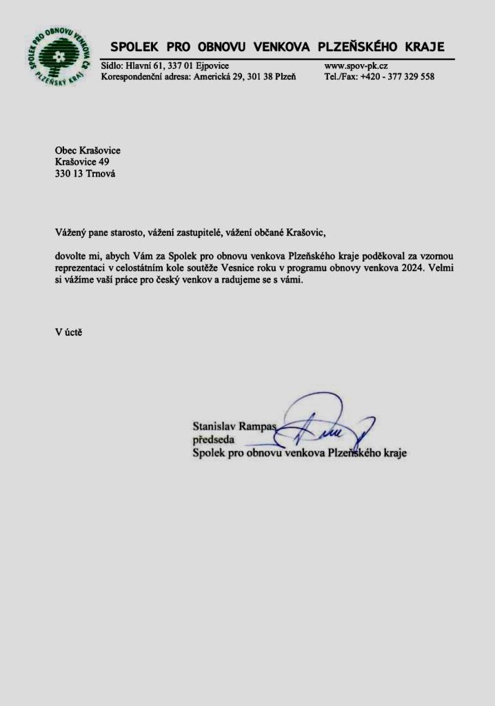 Poděkování předseny sSpolku pro obnovu venkova